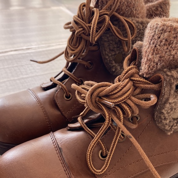 Brown leather lace up boots with knitted cuff detail by Coolway - Picture 4 of 16